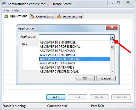 Choosing the required application in the Administration Console for CST License Server